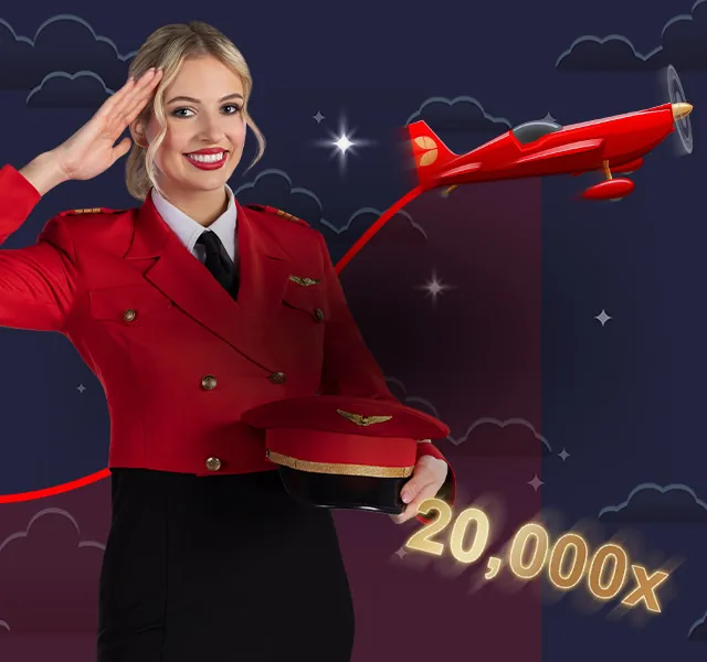 Red Baron game promo — host saluting next to the red plane and 20,000x max multiplier